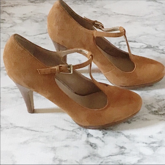 Franco Sarto Shoes - Franco Sarto Suede Camel T-Strap Heels